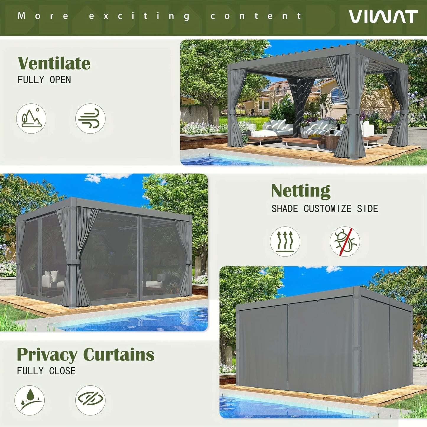 VIWAT 10x12/10x20FT Louvered Pergola Aluminum Frame Waterproof Roof All Weather Rust-Resistant Gazebo for Backyard Patio