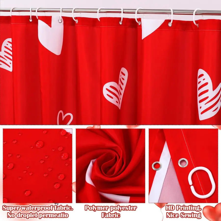 4 Pcs Valentines Day Shower Curtain Set, Non Slip Rugs Toilet Lid Cover U Shape Bath Mat and 12 Hooks Love Heart Shape Red Bathr