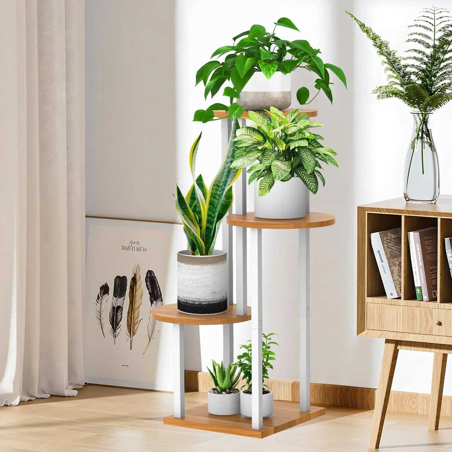 4-Tier Wood and Metal Plant Stand for Indoor Living Room Plants