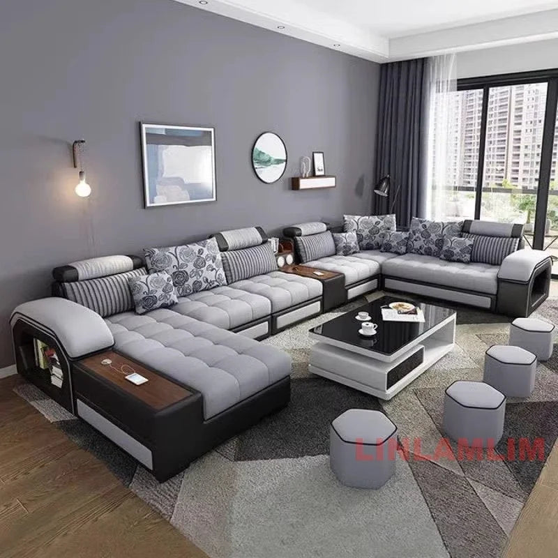 MANBAS U-Shaped Sectional Fabric Sofa Set With Built-In Storage