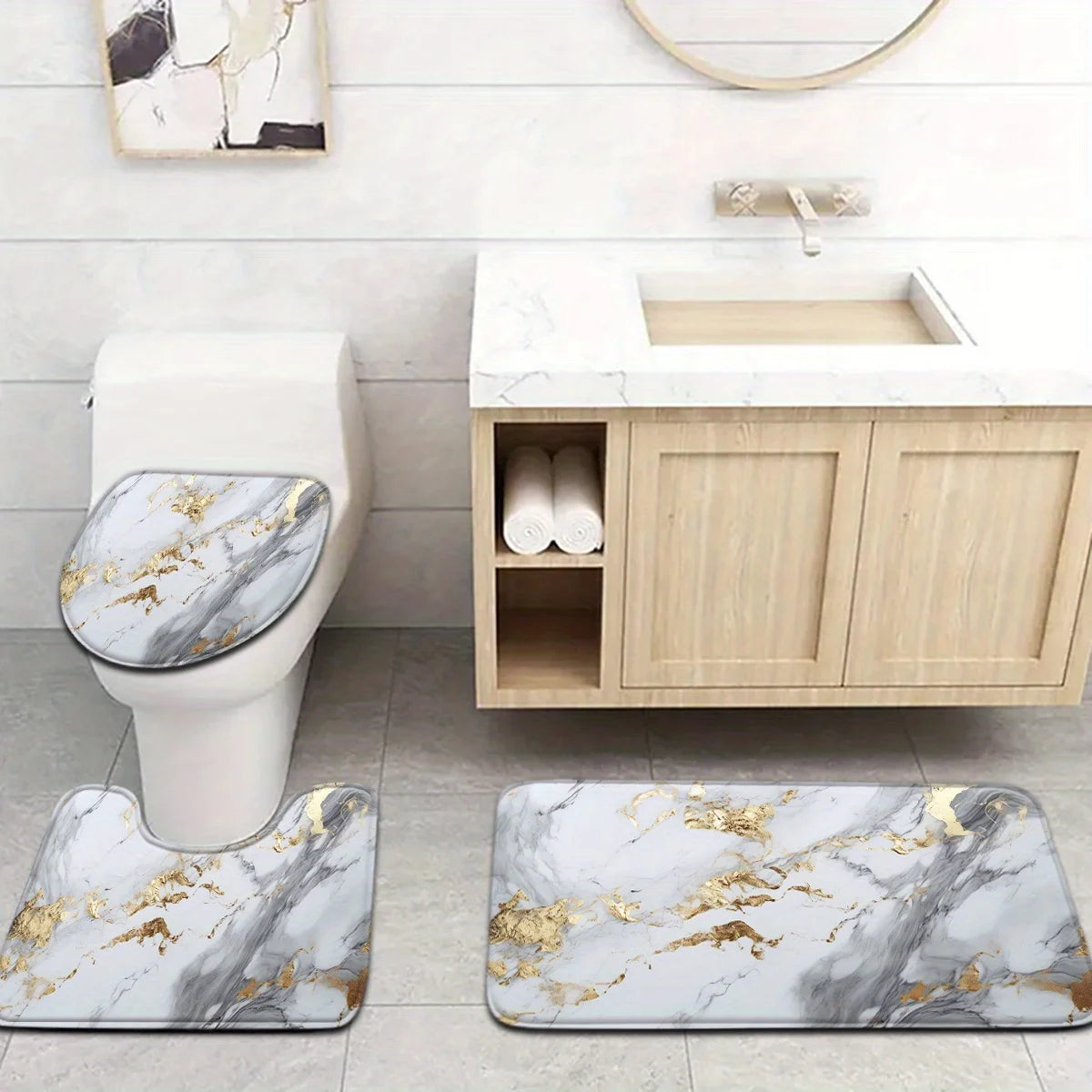 Marble Bathroom Mat Set Non Slip U Shaped Floor Mat Toilet Seat Polyester