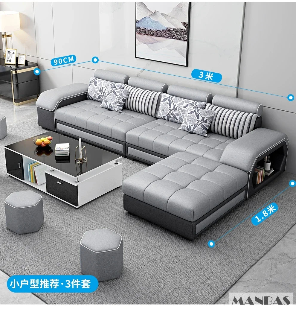 Linlamlim U Shape Fabric Sofa Set With USB Ports And Stools