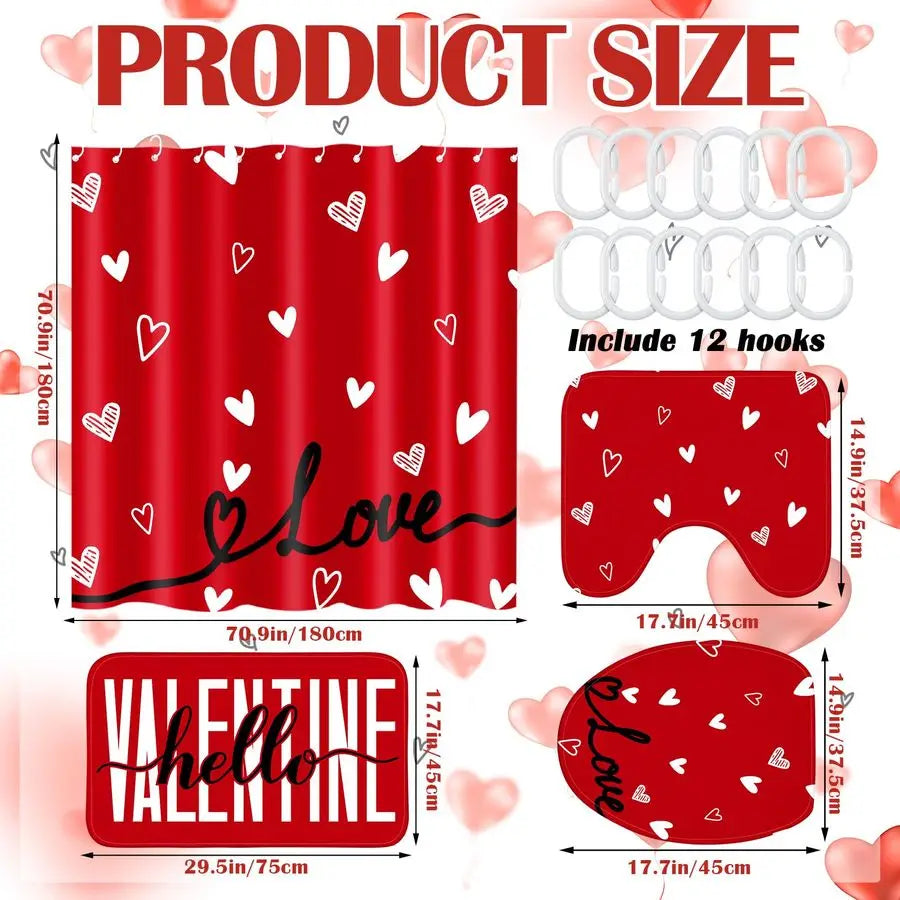 4 Pcs Valentines Day Shower Curtain Set, Non Slip Rugs Toilet Lid Cover U Shape Bath Mat and 12 Hooks Love Heart Shape Red Bathr
