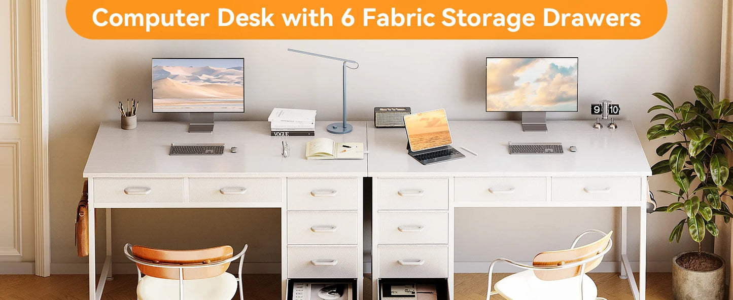 ODK 40 Inch White Computer Desk, 6 Drawers Reversible Desk with Headphone Hook, Small Storage Desk for Home Office Study Bedroom