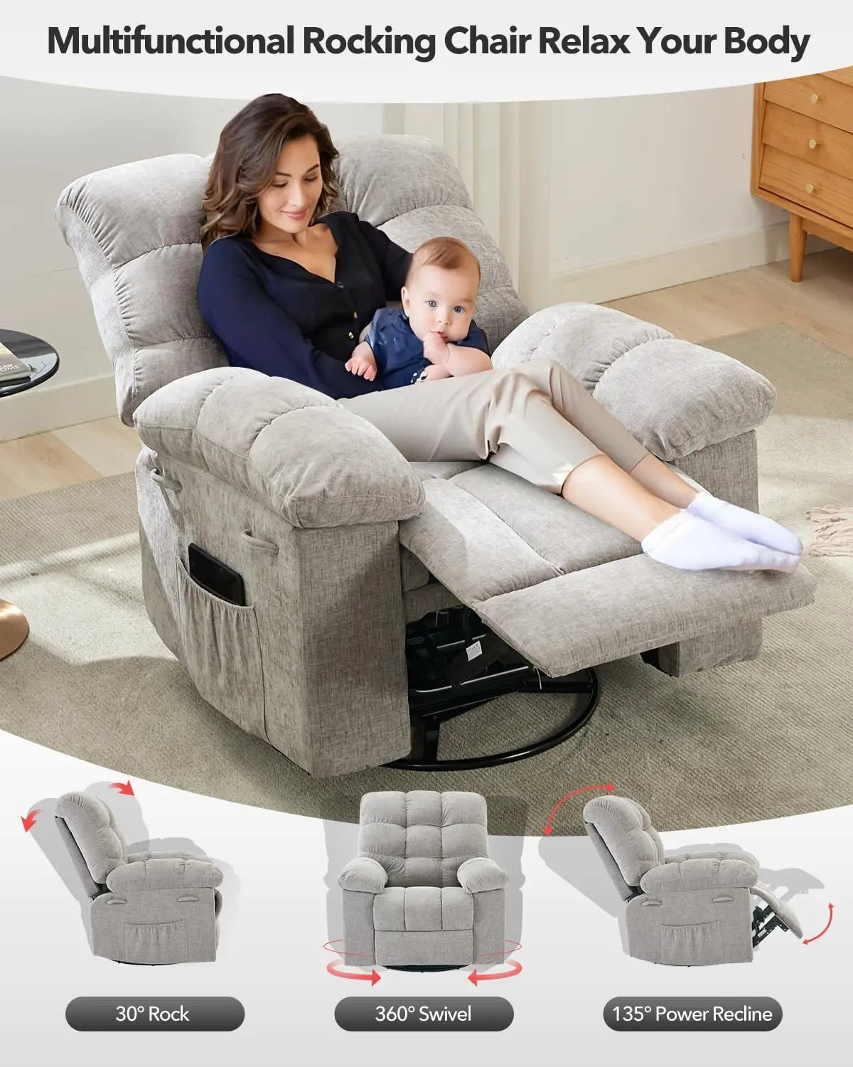 HiMISS Rocker Recliner Chair for Adults Overstuffed Manual Glider Sofa