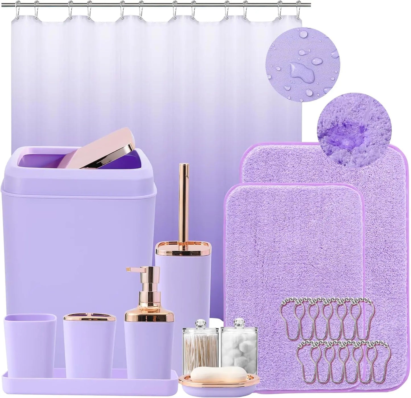 Complete Bathroom Accessory Set With Ombre Shower Curtain And Non Slip Rugs
