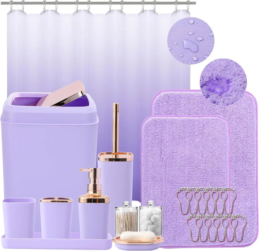 Complete Bathroom Accessory Set With Ombre Shower Curtain And Non Slip Rugs
