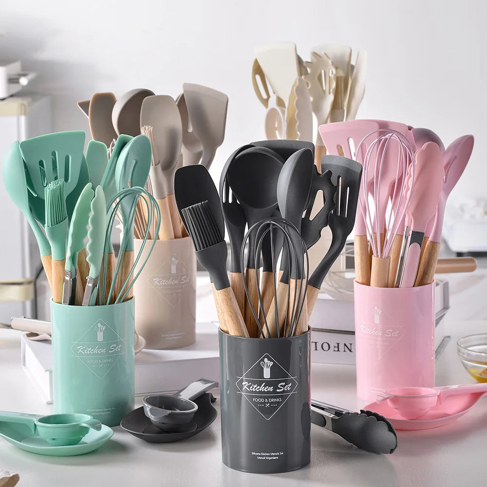 AJOYOUS Silicone Kitchen Utensil Set Nonstick Spatulas Shovels Wooden Handle