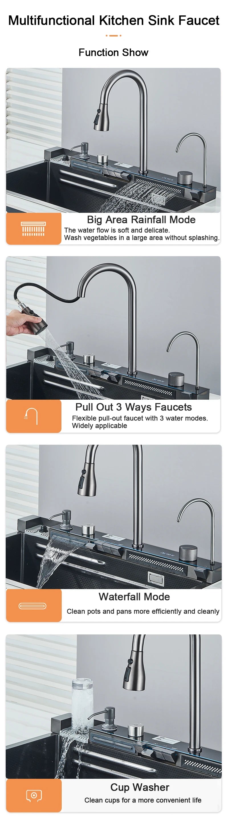 Rozin 304 Stainless Steel Kitchen Sink With Waterfall Faucet