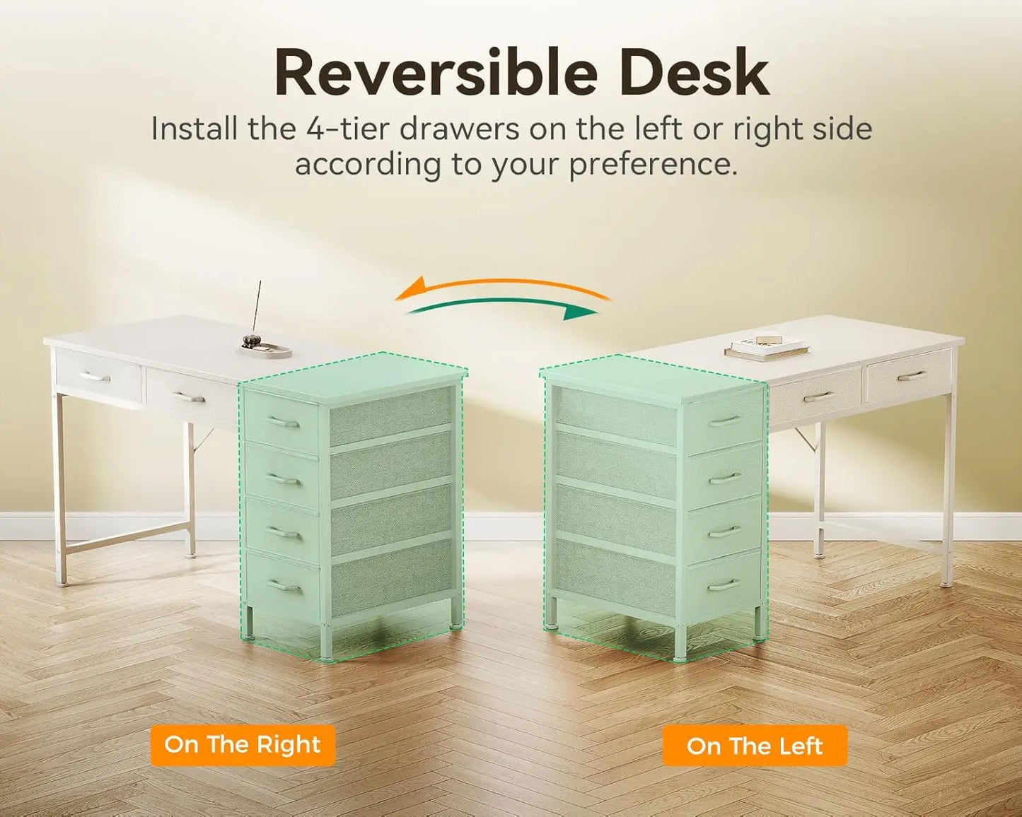 ODK 40 Inch White Computer Desk, 6 Drawers Reversible Desk with Headphone Hook, Small Storage Desk for Home Office Study Bedroom