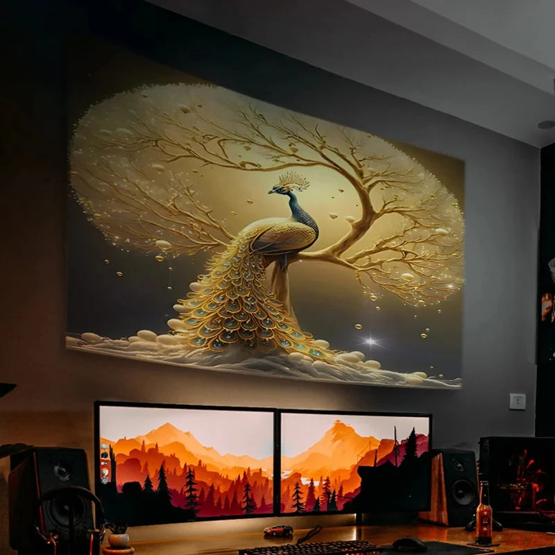 Golden Peacock Wall Tapestry Dreamy Tree And Feather Art