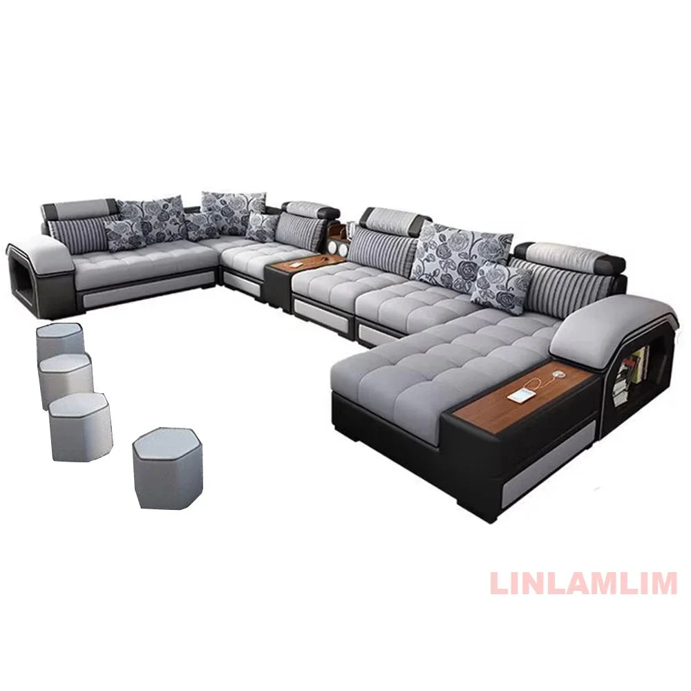 MANBAS U-Shaped Sectional Fabric Sofa Set With Built-In Storage