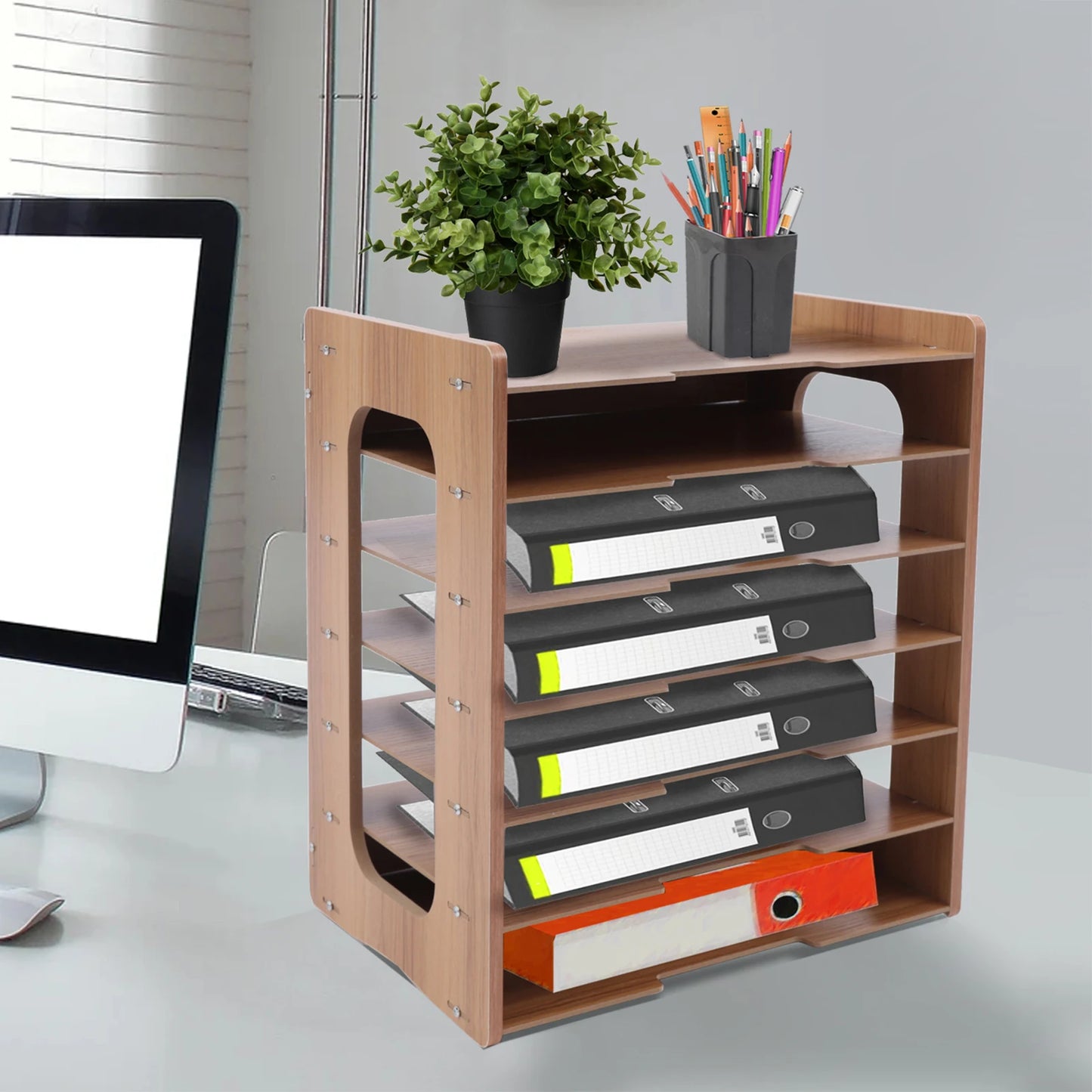 7-Tier Wooden Desk Organizer for Office Papers and Files