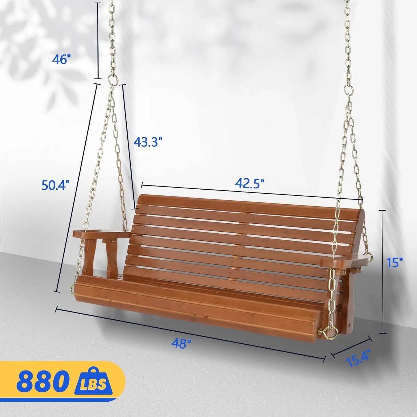 Upgraded Patio Wooden Porch Swing for Courtyard & Garden, Heavy Duty 880 LBS Swing Chair Bench with Hanging Chains, Customized