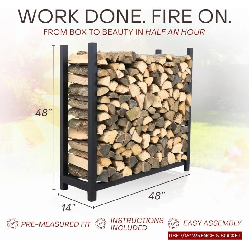 4 Foot Heavy Duty Indoor Outdoor,1/4 Cord Firewood Storage Log Rack With Seasoning Cover Combo Set - Metal Log Storage,48” x 48”