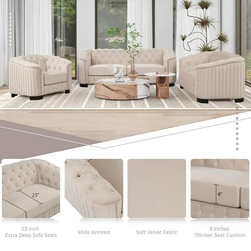 Sichuan Modern Velvet Upholstered 3-Piece Sofa Set With Rubber Wood Legs