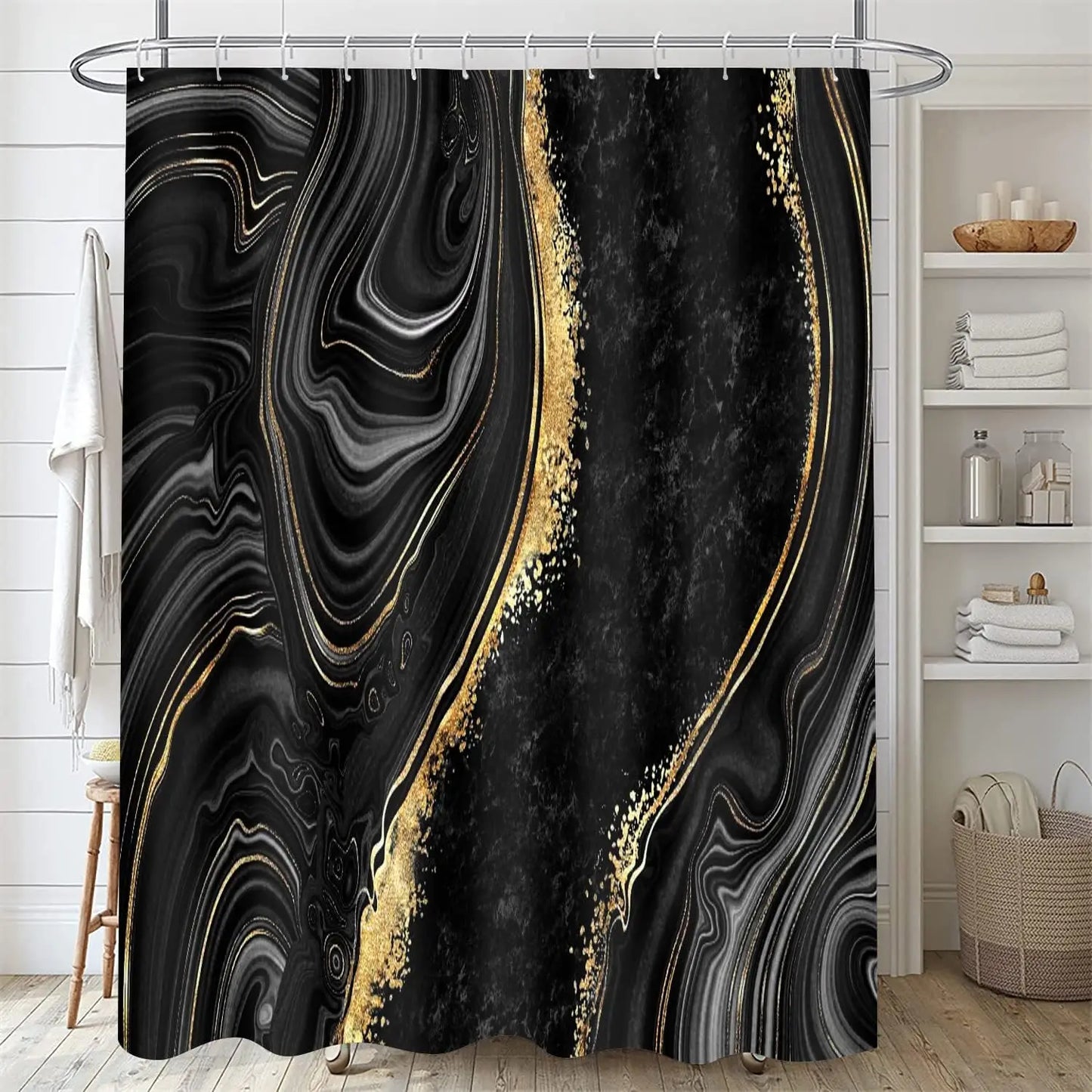 4-Piece Black Marble Shower Curtain Set with Gold Rugs, Modern Abstract Bathroom Decor Accessories for Toilet and Floor
