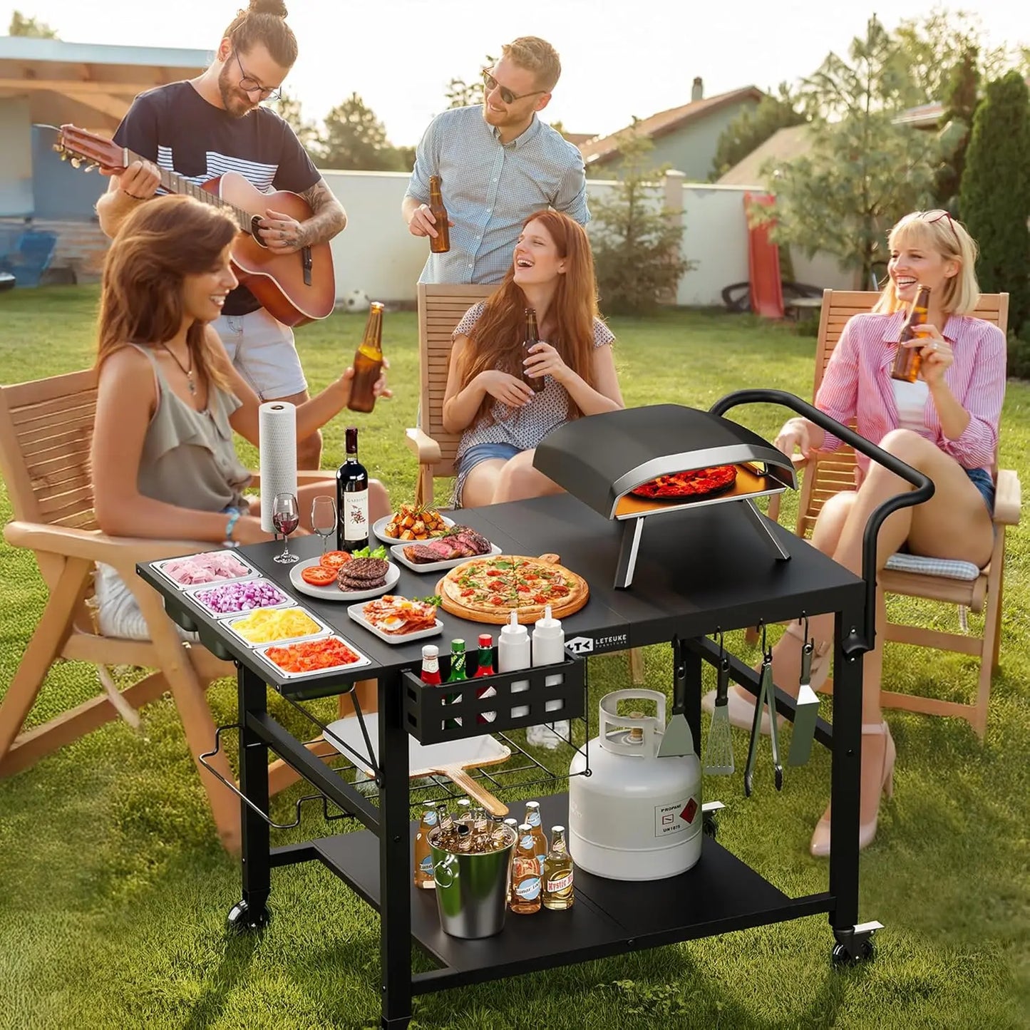 Universal Outdoor Pizza Oven Cart with Wheels, Heavy-Duty Steel Frame, Spice Rack & Storage for BBQ Prep
