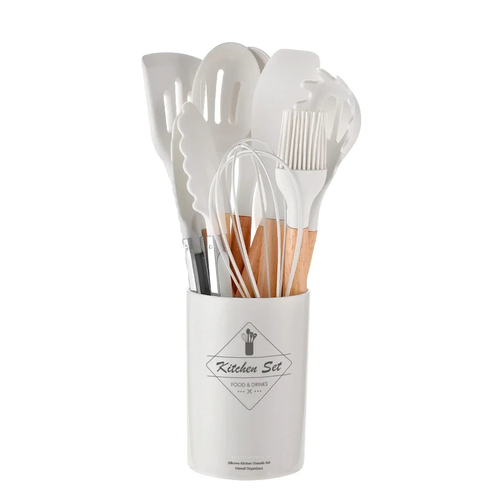 AJOYOUS 12 Piece Silicone Kitchen Utensils Set With Wooden Handles