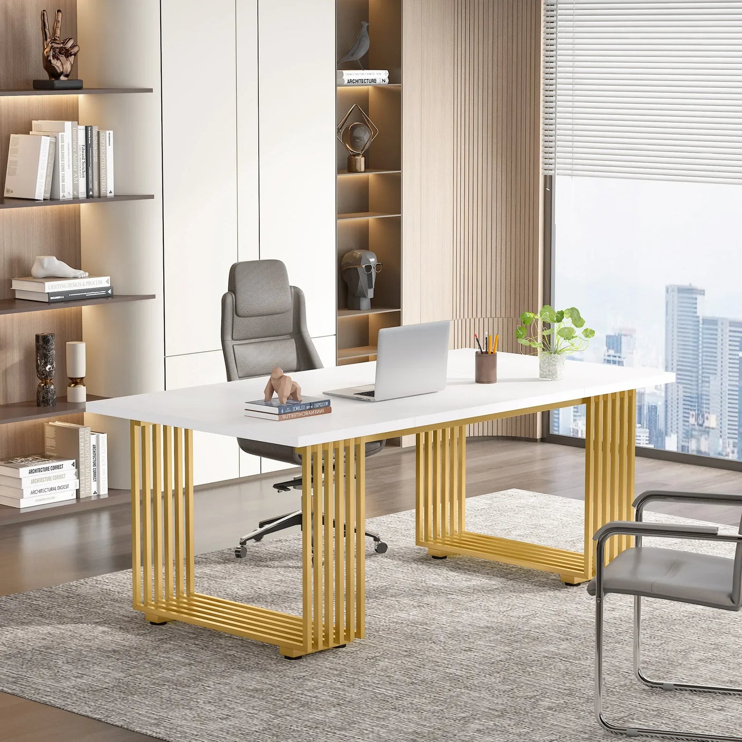 Tribesigns Modern Executive Wooden Office Desk With Gold Metal Legs