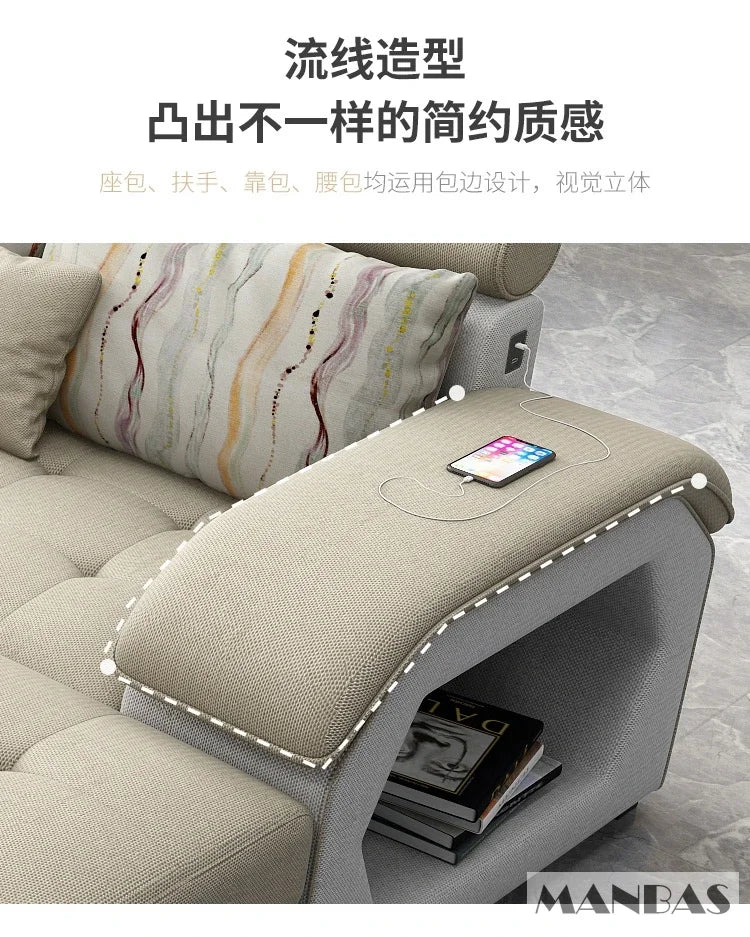 Linlamlim U Shape Fabric Sofa Set With USB Ports And Stools
