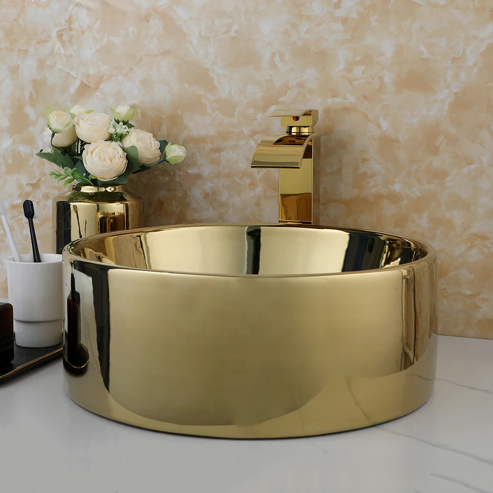 KEMAIDI Round Vessel Sink With Faucet Ceramic Bathroom Set
