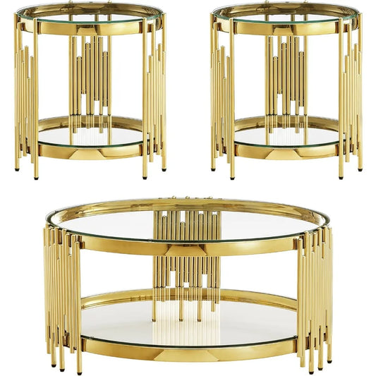 MKDK 3 Piece Glass Coffee Table Set Stainless Steel Frame