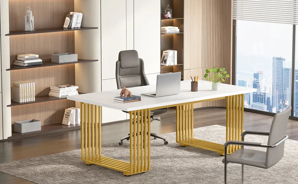Tribesigns Modern Executive Wooden Office Desk With Gold Metal Legs