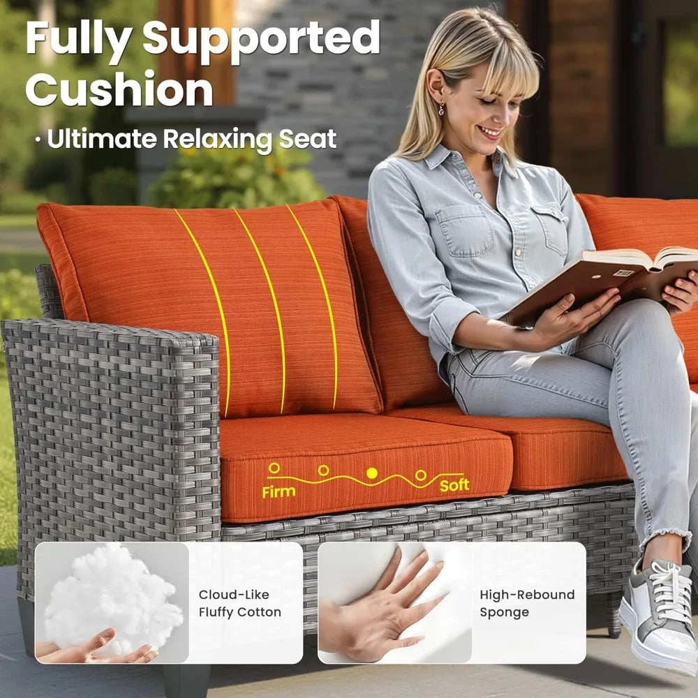 6 Pieces Patio Furniture Set with Fire Pit Table,Outdoor Wicker 3-Seat Sofa with Comfy Cushion,High Back Rattan Conversation Set