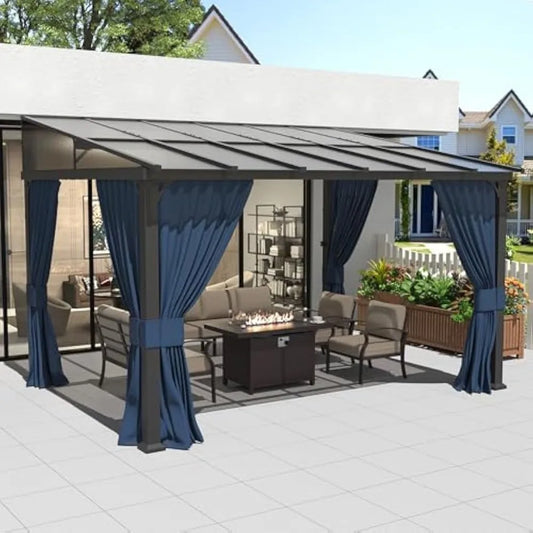 10’ x 12’ Wall Mount Gazebo Outdoor Pergola, Hardtop Lean to Gazebo Canopy Awnings with Sloped Roof and Sturdy Steel Frame, for