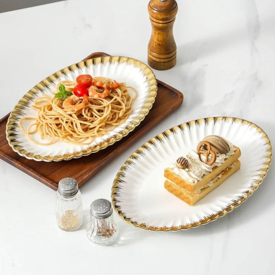 Porcelain Ceramic Oval Serving Platters With Gold Trim For Entertaining