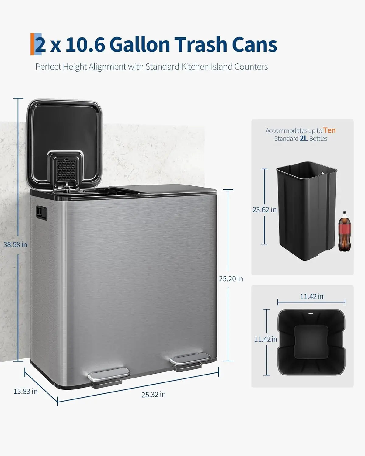Kitchen Step Trash Bin 2 x 10.6 gal (2 x 40 L) Garbage Can for Dual Compartment Recycling Stainless Steel Trash and Recycle Bin