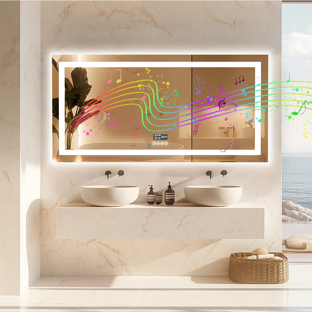 LED Lighted Bathroom Mirror with Bluetooth Speaker Smart LED Vanity Makeup Wall Mounted Mirrors 3 Lights Setting Anti-Fog RBG