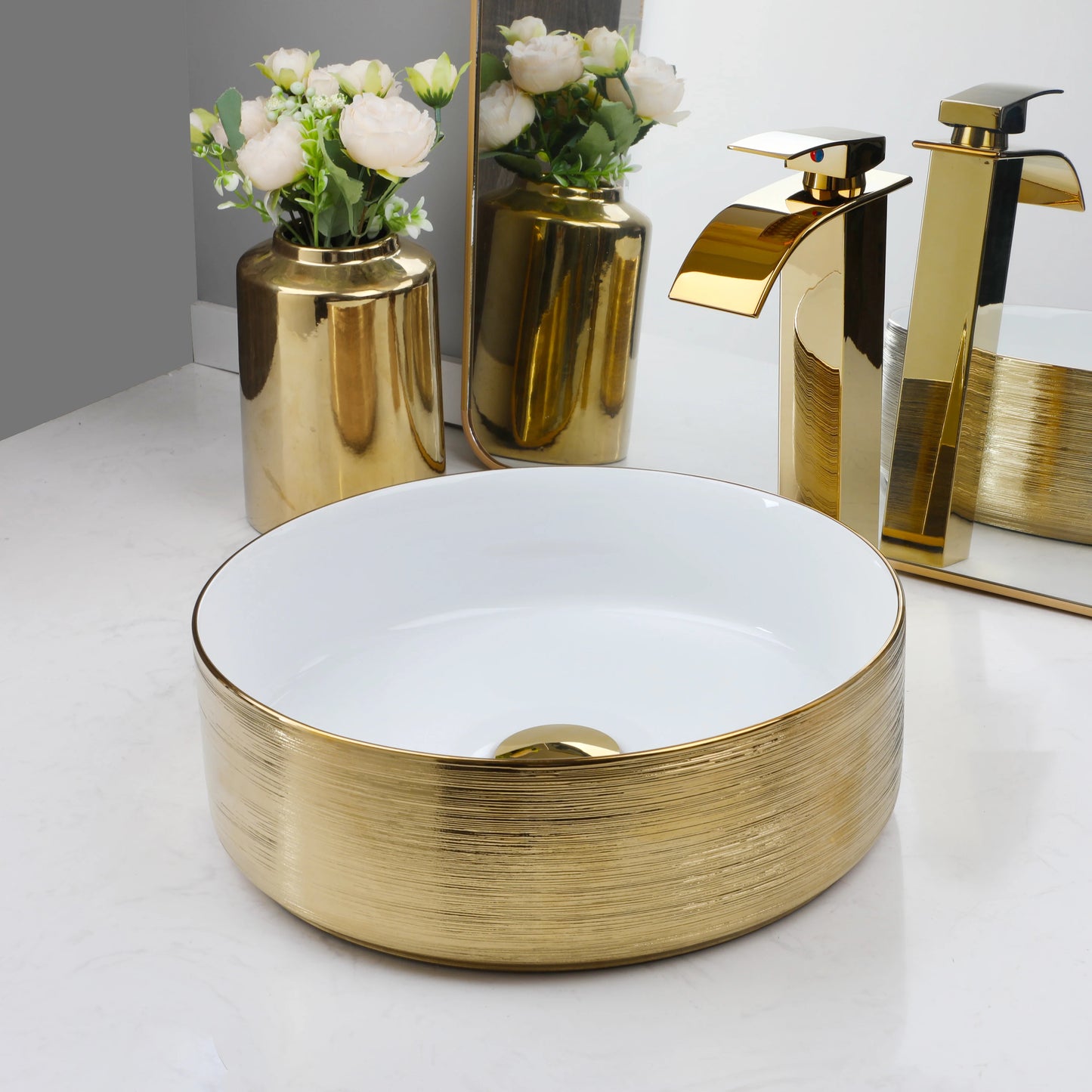 KEMAIDI Round Vessel Sink With Faucet Ceramic Bathroom Set