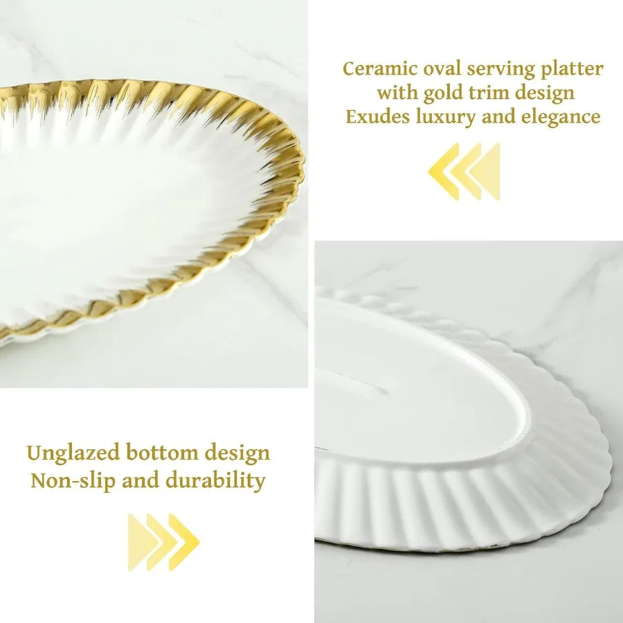 Porcelain Ceramic Oval Serving Platters With Gold Trim For Entertaining