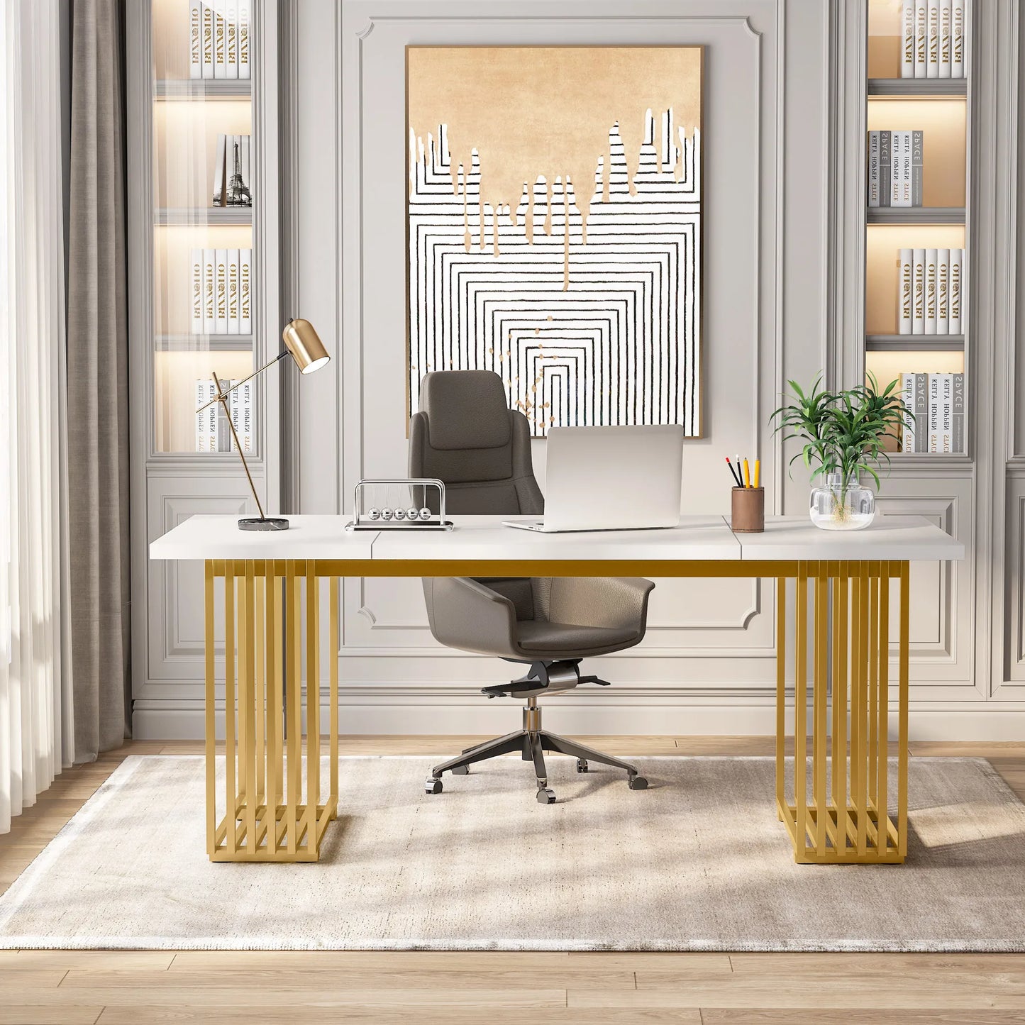 Tribesigns Modern Executive Wooden Office Desk With Gold Metal Legs