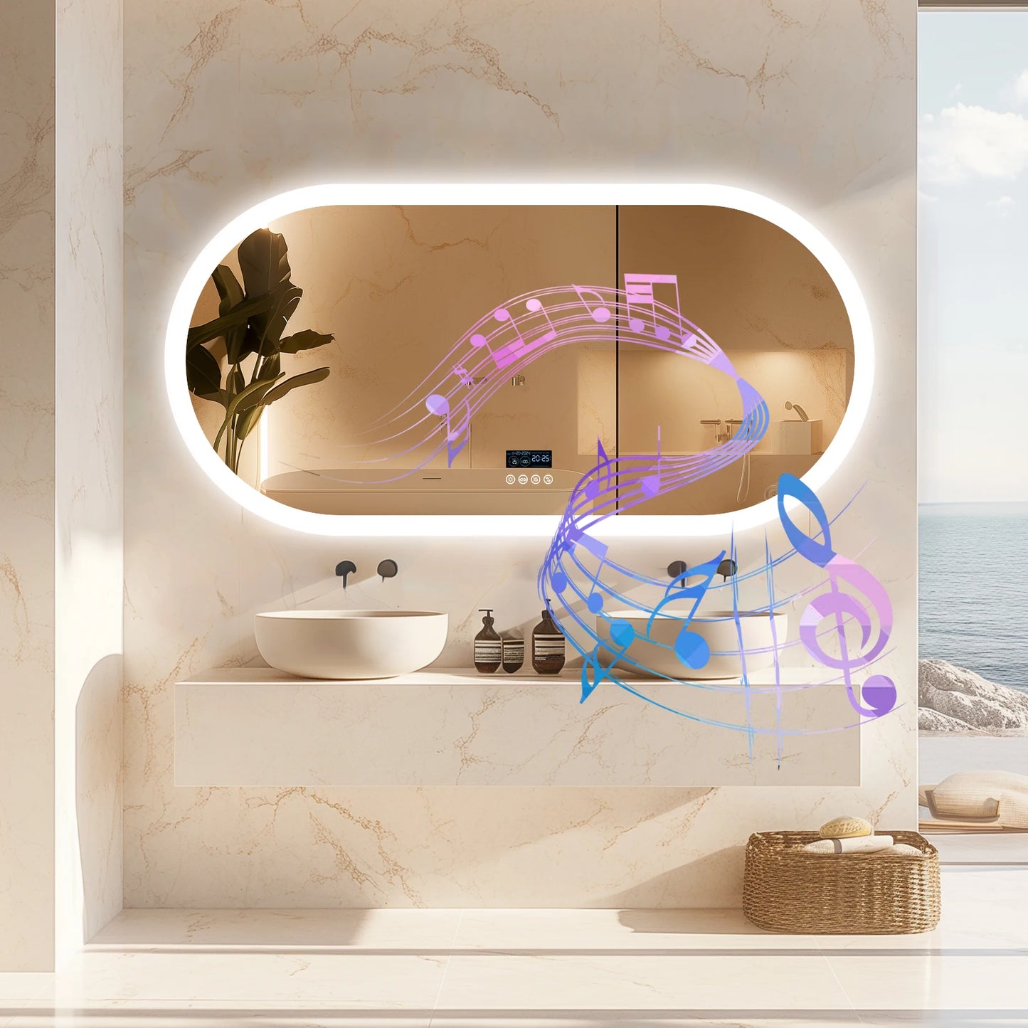 LED Lighted Bathroom Mirror with Bluetooth Speaker Smart LED Vanity Makeup Wall Mounted Mirrors 3 Lights Setting Anti-Fog RBG