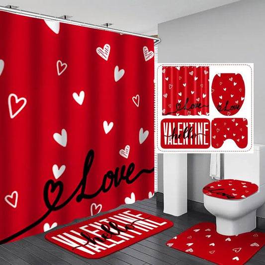 4 Pcs Valentines Day Shower Curtain Set, Non Slip Rugs Toilet Lid Cover U Shape Bath Mat and 12 Hooks Love Heart Shape Red Bathr