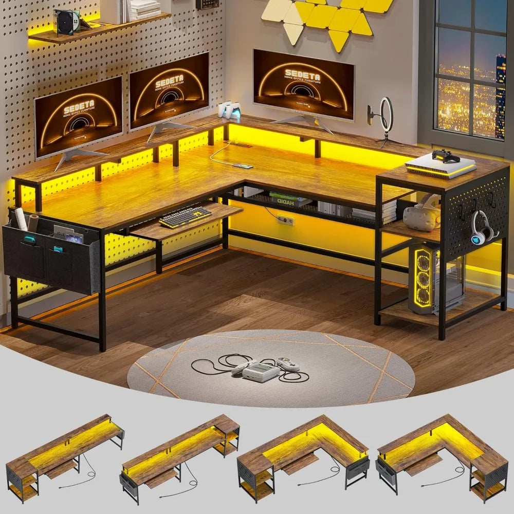Zhuxiang L Shaped Computer Desk With Power Outlets And LED