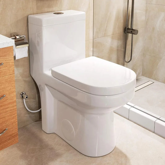 Compact One-Piece Toilet with Dual Flush System for Modern Bathrooms: Powerful, Quiet, and Space-Saving 12 Rough-In Design