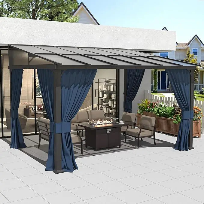 10’ x 12’ Wall Mount Gazebo Outdoor Pergola, Hardtop Lean to Gazebo Canopy Awnings with Sloped Roof and Sturdy Steel Frame, for