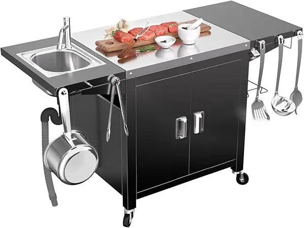 Grill Table with Sink, Outdoor Bar Cart Grill Station, Modular Outdoor Kitchen Island with 100-Gallon Storage Cabinet, 304 Stain