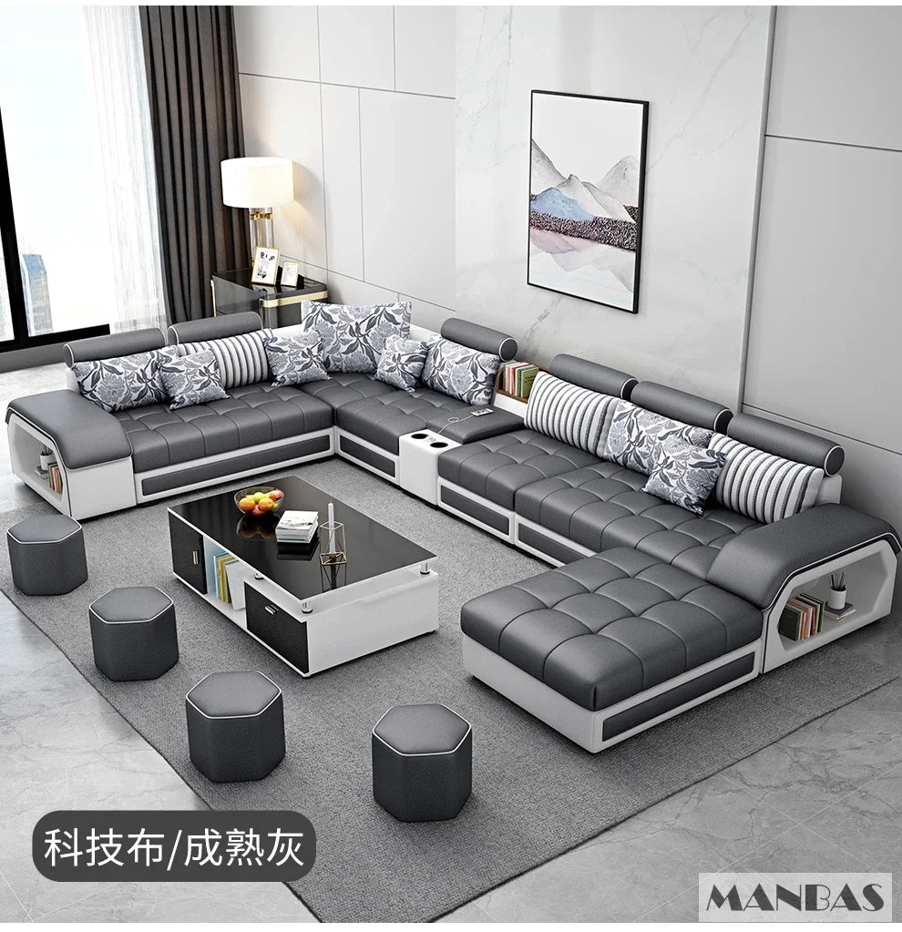 Linlamlim U Shape Fabric Sofa Set With USB Ports And Stools