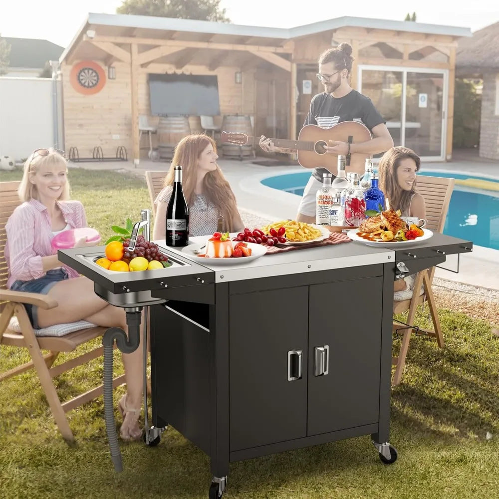Grill Table with Sink, Outdoor Bar Cart Grill Station, Modular Outdoor Kitchen Island with 100-Gallon Storage Cabinet, 304 Stain