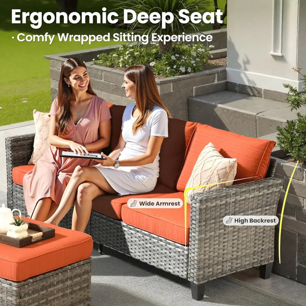 6 Pieces Patio Furniture Set with Fire Pit Table,Outdoor Wicker 3-Seat Sofa with Comfy Cushion,High Back Rattan Conversation Set
