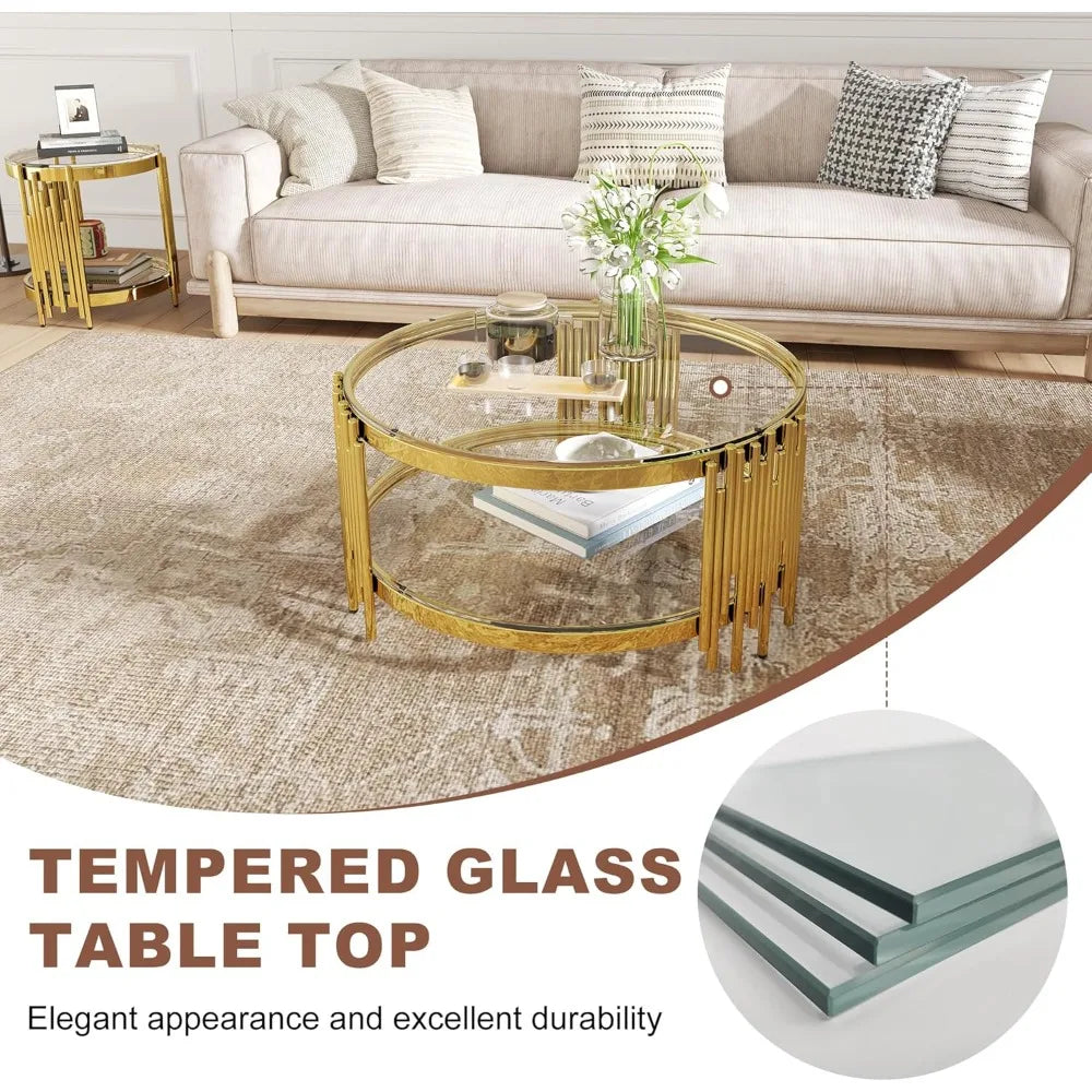 MKDK 3 Piece Glass Coffee Table Set Stainless Steel Frame