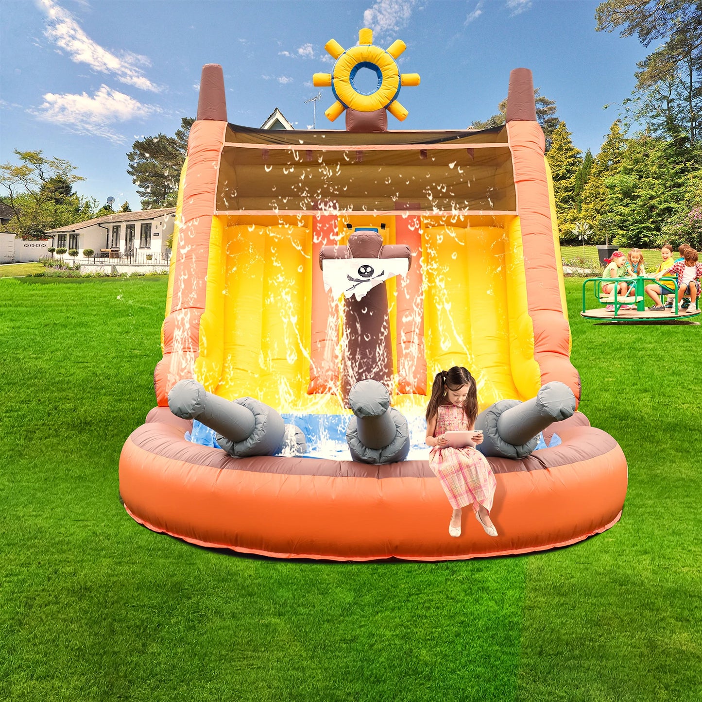 Inflatable pirate boat Outdoor Sildes Air Bounce Water amusement Play Equipment Inflatble Water Double Slide Bubble Ball Pit