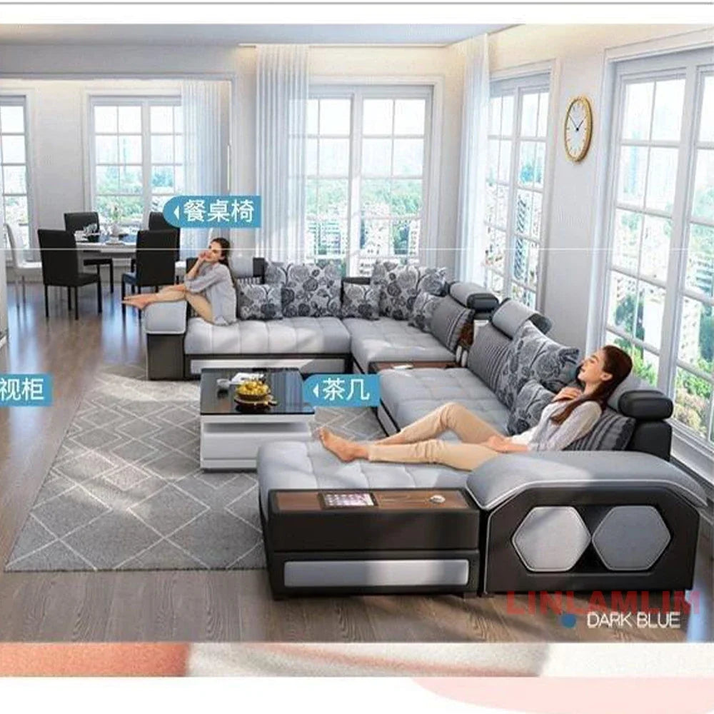 MANBAS U-Shaped Sectional Fabric Sofa Set With Built-In Storage