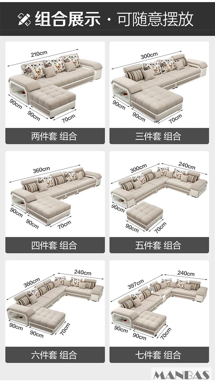 Linlamlim U Shape Fabric Sofa Set With USB Ports And Stools