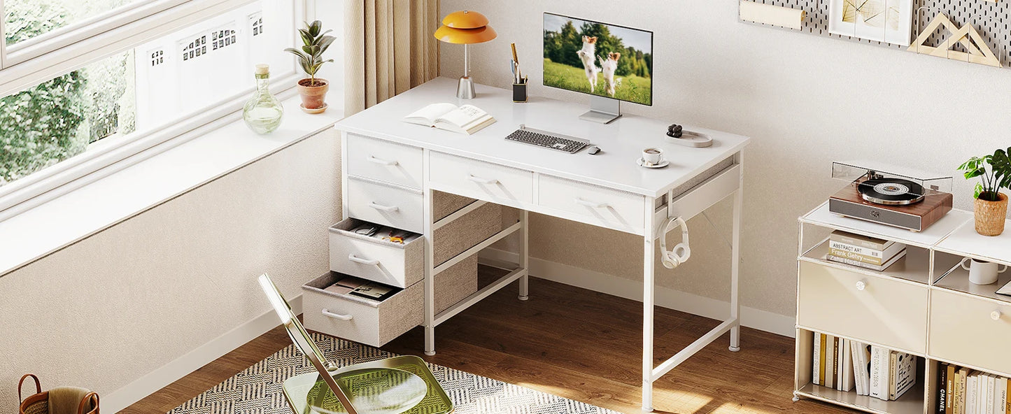 ODK 40 Inch White Computer Desk, 6 Drawers Reversible Desk with Headphone Hook, Small Storage Desk for Home Office Study Bedroom